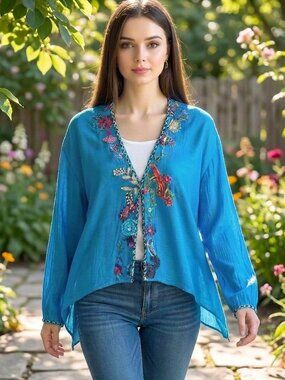Paul Ropp Silk Floral Embroidered Topper Ocean Blue Cover Up Open Top Size 4